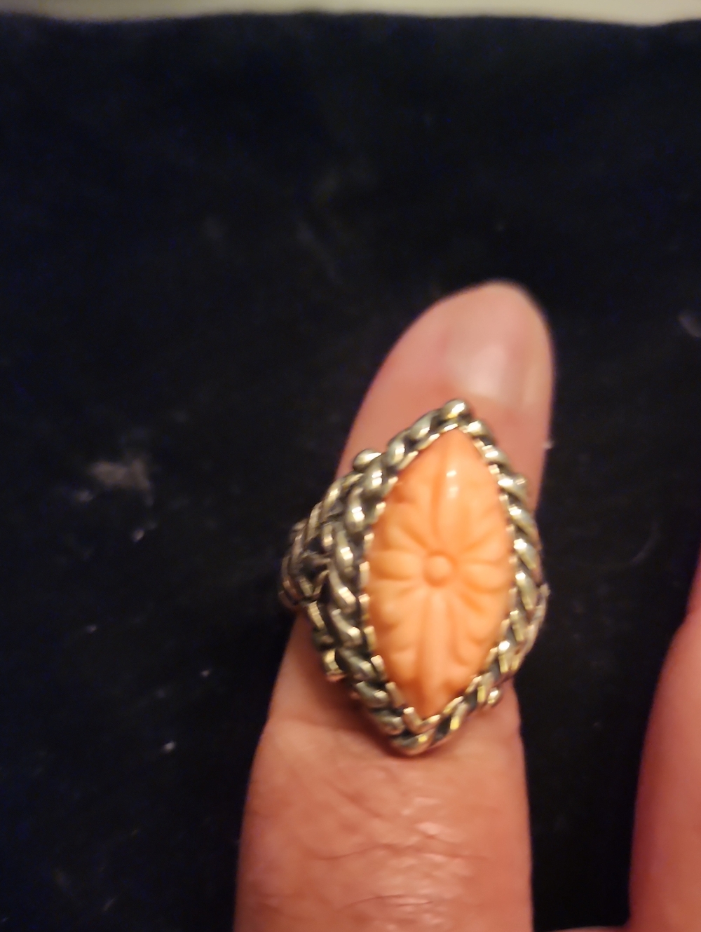 Carolyn Pollack Orange Carved Floral Stone Ring with Braided Silver-Tone Band